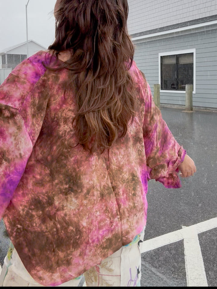 Cosmic Longing Tie Dye - Crepe Sari Bell Sleeve Butterfly Top OOAK