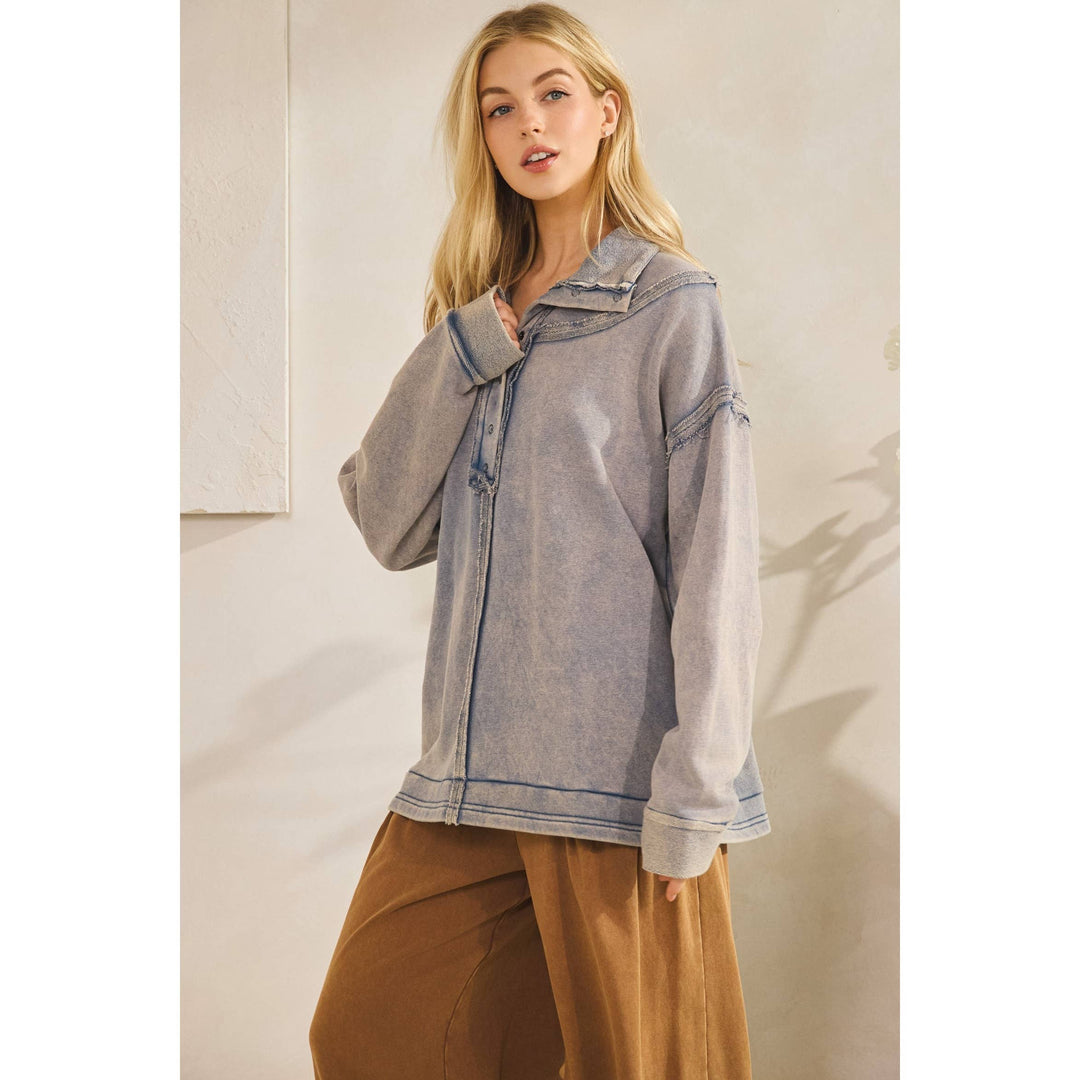 Washed Raw-edge Henley Pullover