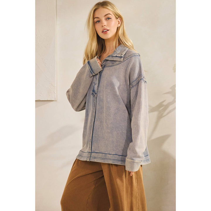 Washed Raw-edge Henley Pullover