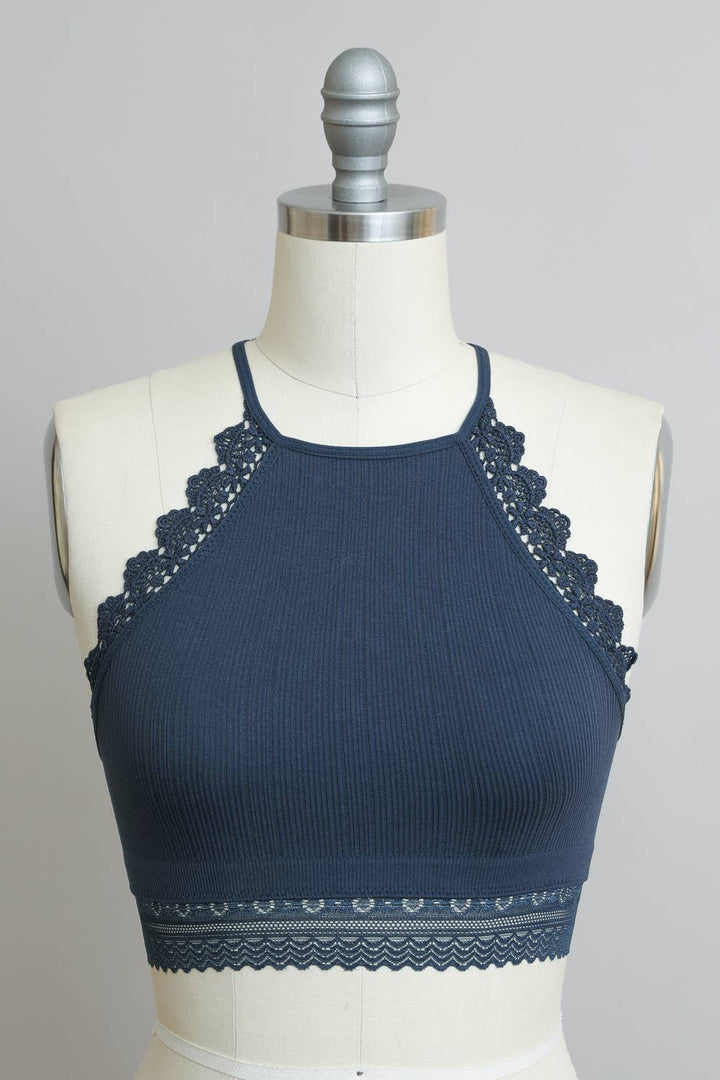 High Neck Crochet Lace Trim Bralette - Gray Blue