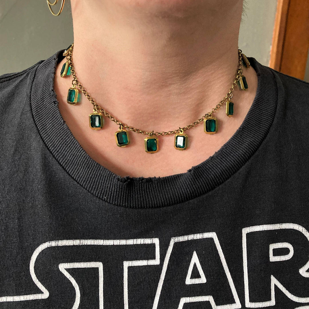 Emerald Jewel Brass Choker Necklace