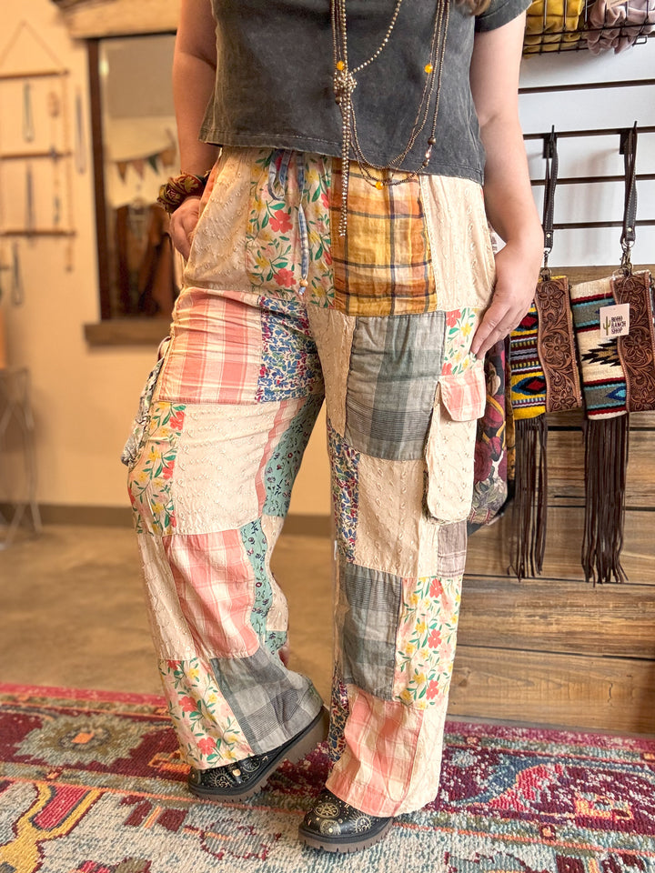 Bohemian Patchwork Straight Pant Plaid & Schiffli Embroidery