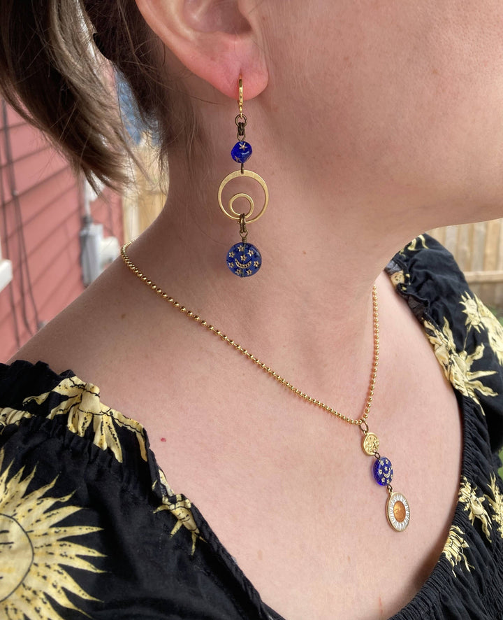 Cobalt Moon &amp; Star Glass Celestial Swirl Dangle Earrings