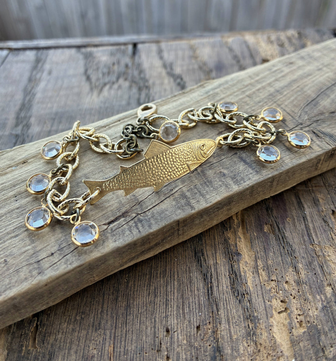 Gold Adjustable Fish Bracelet with Crystal Clear Drops