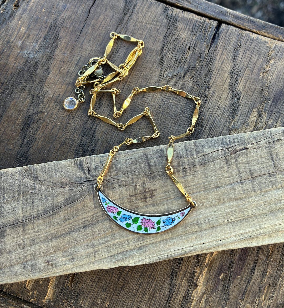 Pink &amp; Blue Enamel Floral Bib Style Necklace