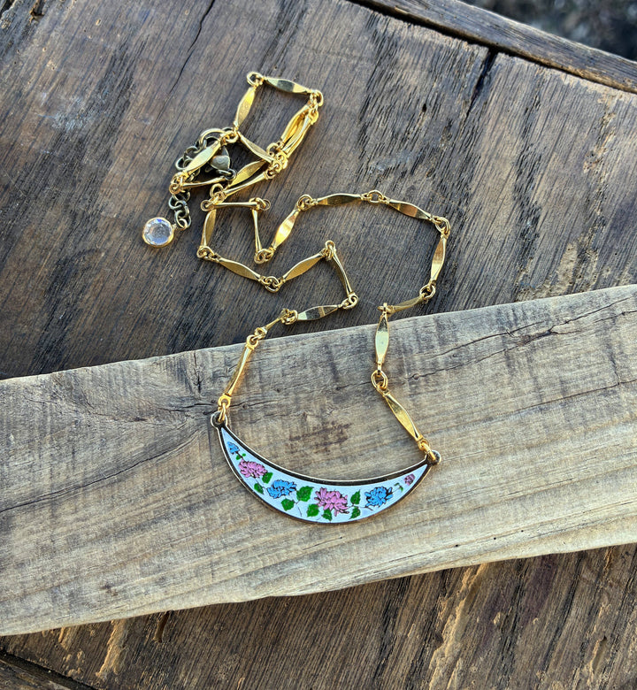Pink &amp; Blue Enamel Floral Bib Style Necklace
