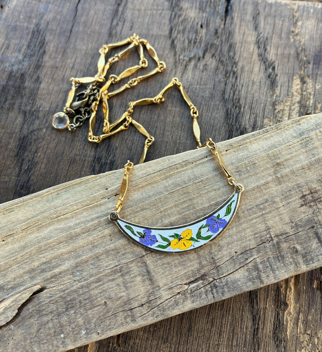 Purple &amp; Yellow Vintage Floral Enamel Bib Style Necklace