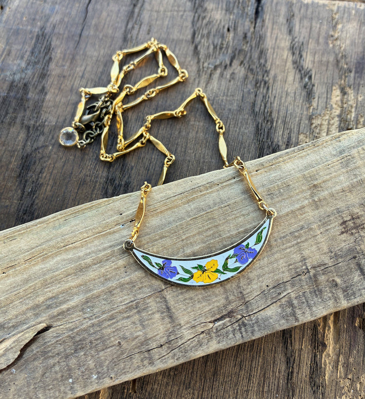Purple &amp; Yellow Vintage Floral Enamel Bib Style Necklace