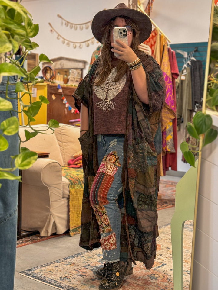 Earthy Boho Duster Patchwork Kimono, Unisex Smock