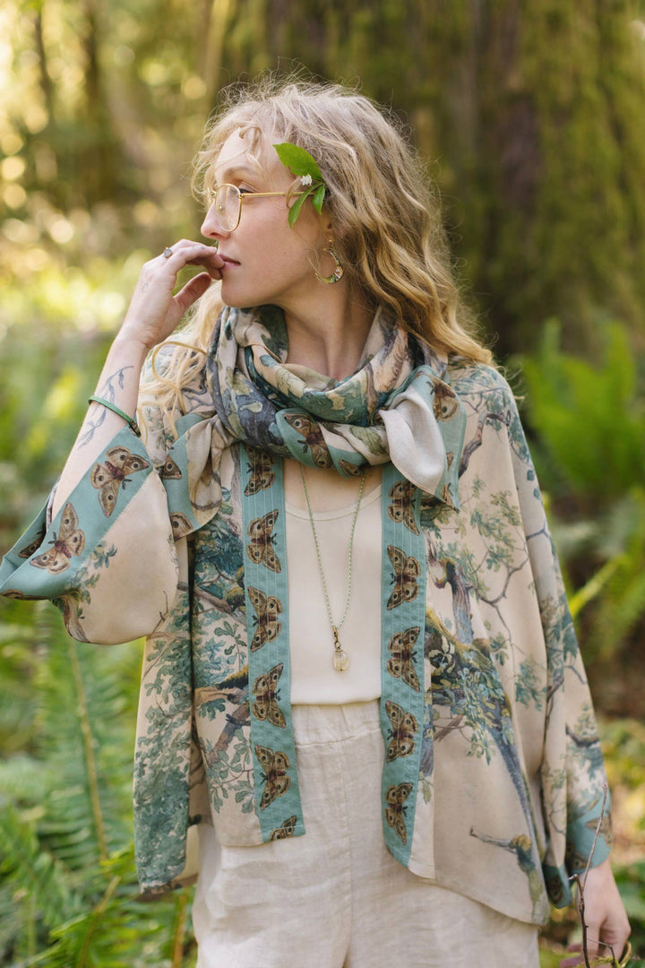 Earth and Sky Cropped Bamboo Kimono Cardigan with Tree Print