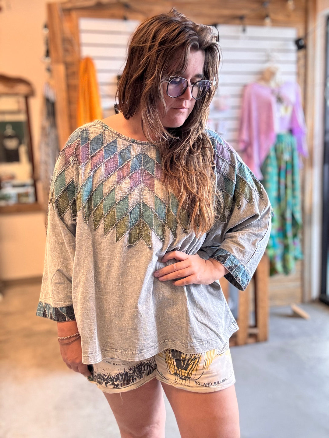 Diamond Patchwork 3/4 Sleeve Top