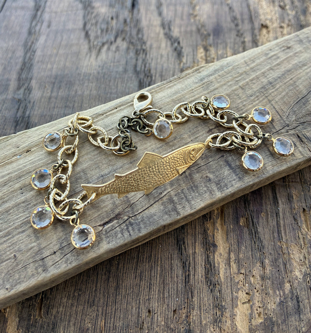 Gold Adjustable Fish Bracelet with Crystal Clear Drops