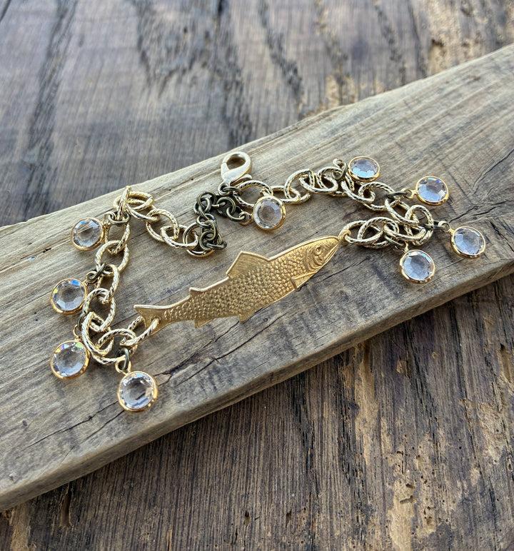 Gold Adjustable Fish Bracelet with Crystal Clear Drops