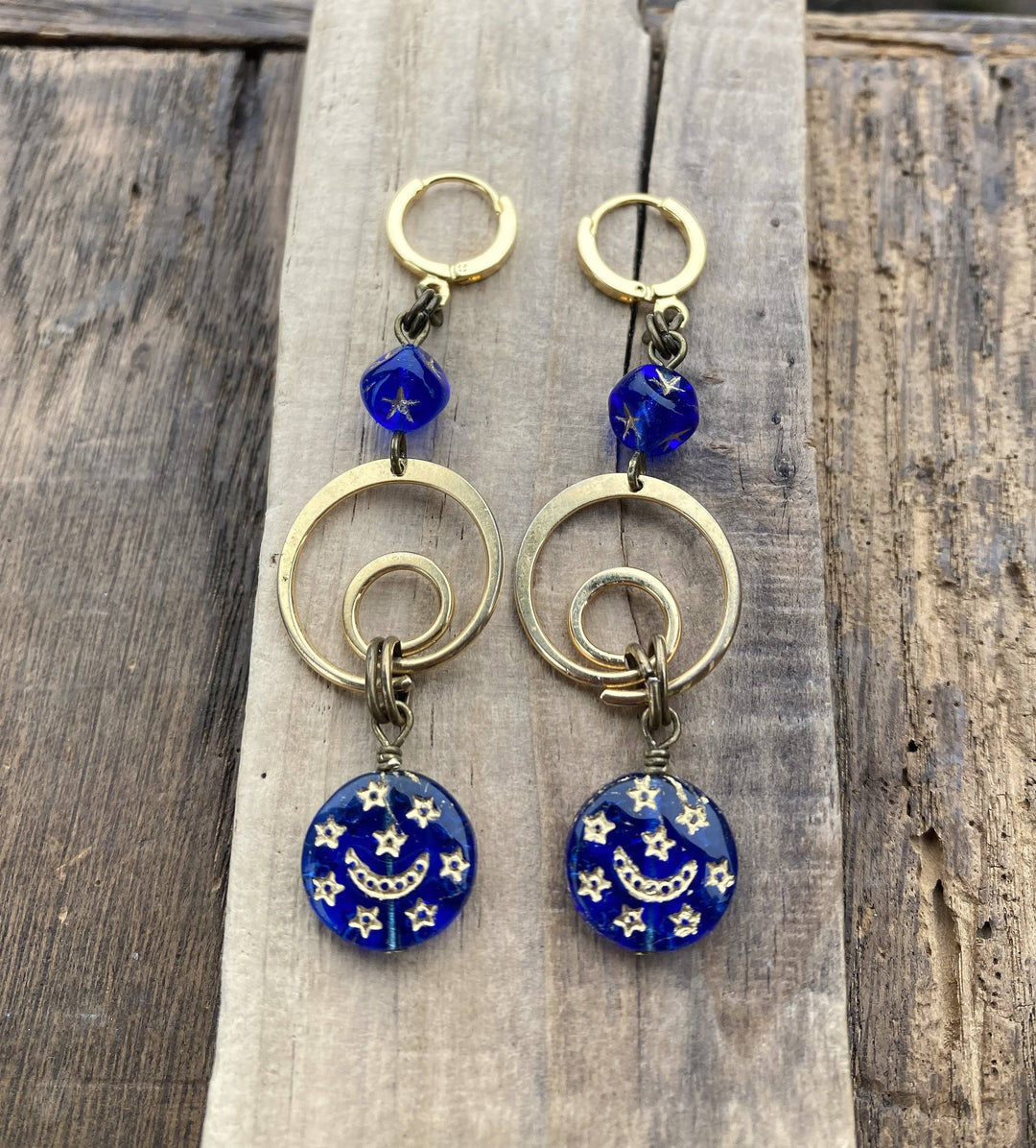 Cobalt Moon &amp; Star Glass Celestial Swirl Dangle Earrings