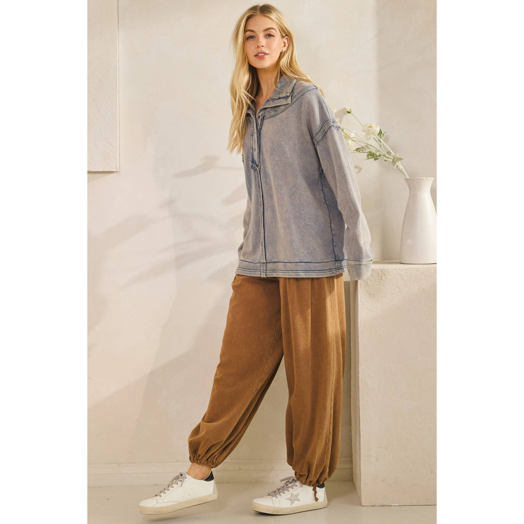 Washed Raw-edge Henley Pullover