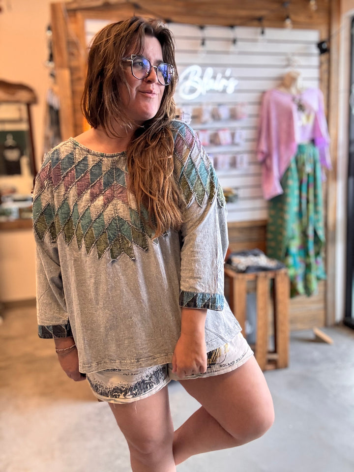 Diamond Patchwork 3/4 Sleeve Top