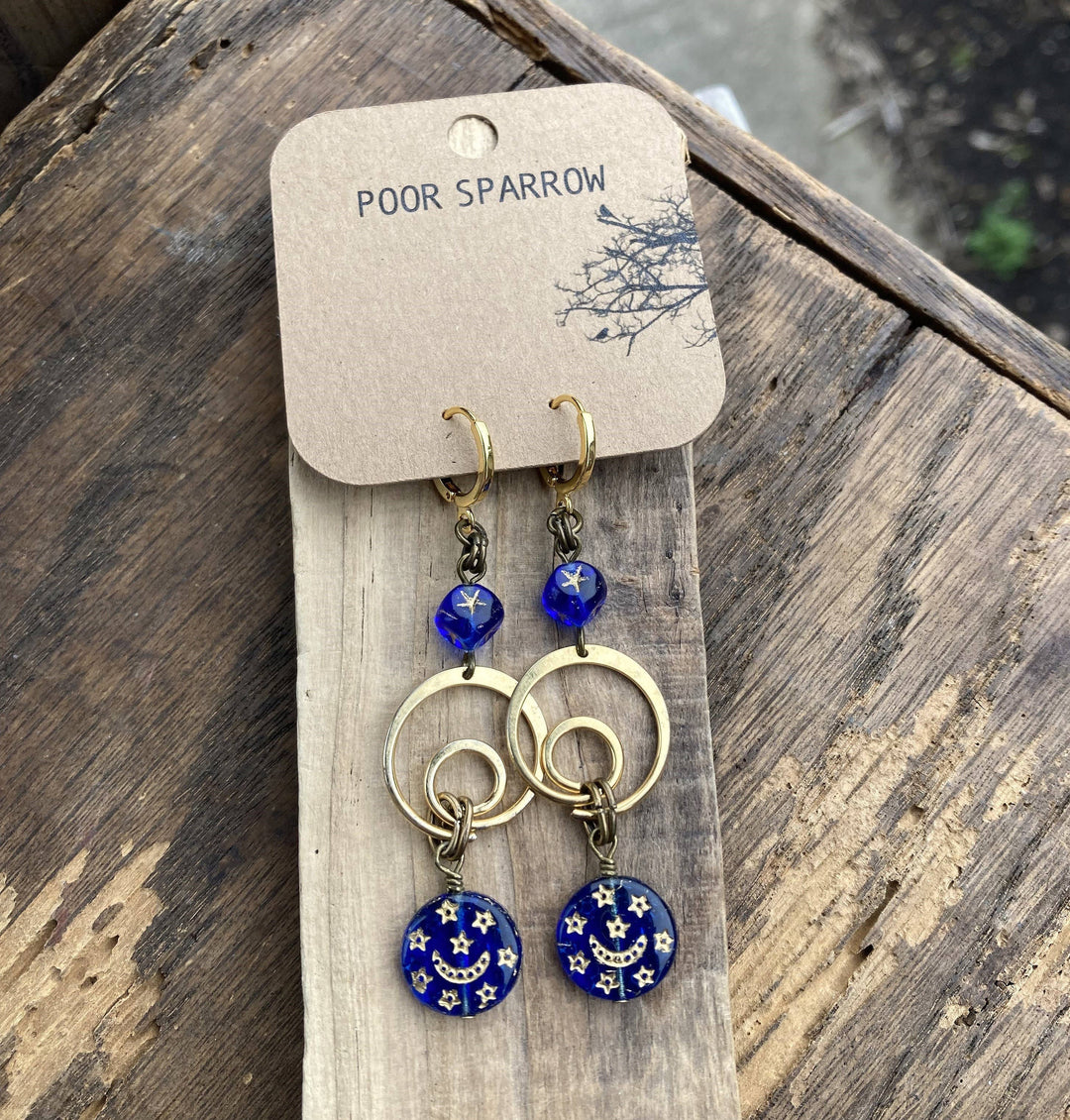 Cobalt Moon &amp; Star Glass Celestial Swirl Dangle Earrings