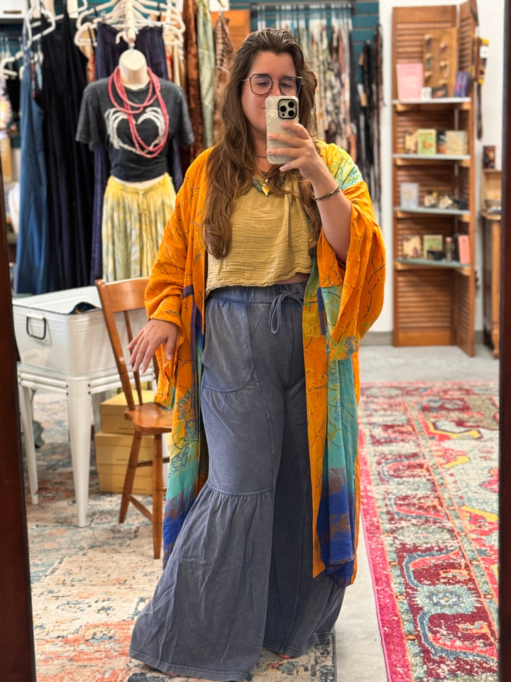 Washed Tiered Wide-Leg Drawstring Pants