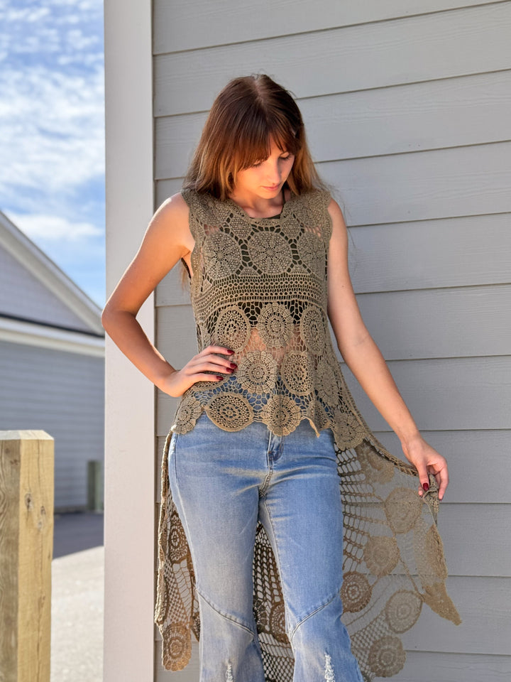 Boho Crochet Lace Trim Long Back Vest