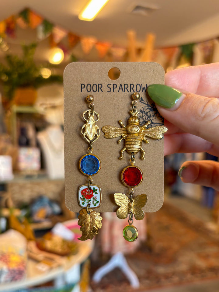 Nature Study Brass &amp; Crystal Charm Earrings