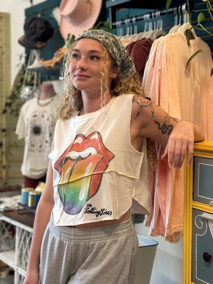 Rainbow The Rolling Stones - Overlock Cropped Music Muscle Tee