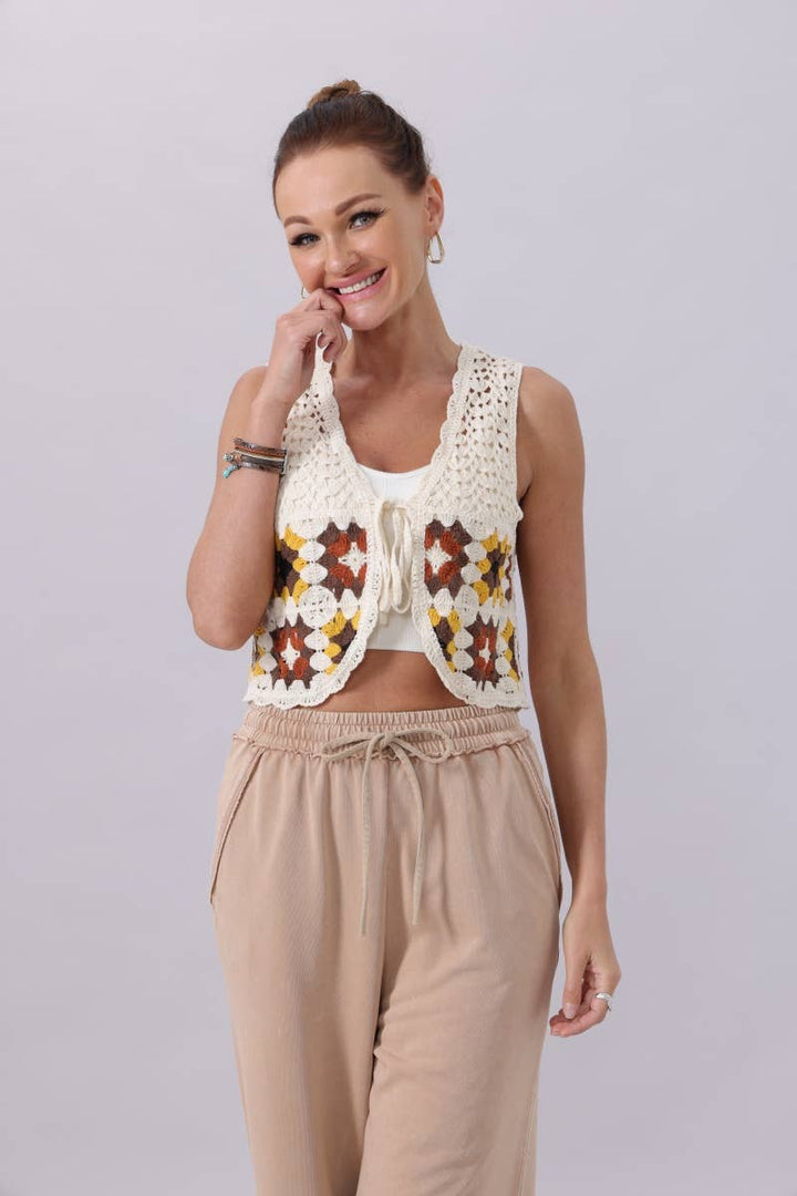 Boho Granny Square Crochet Vest – Retro Knit