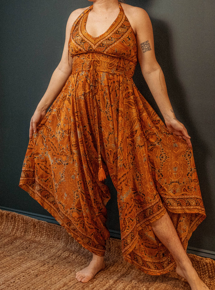 Hippie Boho Style Fairy Silk Jumpsuit, Floral Flowy Outfit