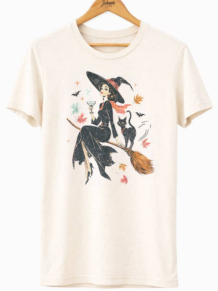 Retro Witch &amp; Cat Vintage Halloween Spooky Graphic Tee
