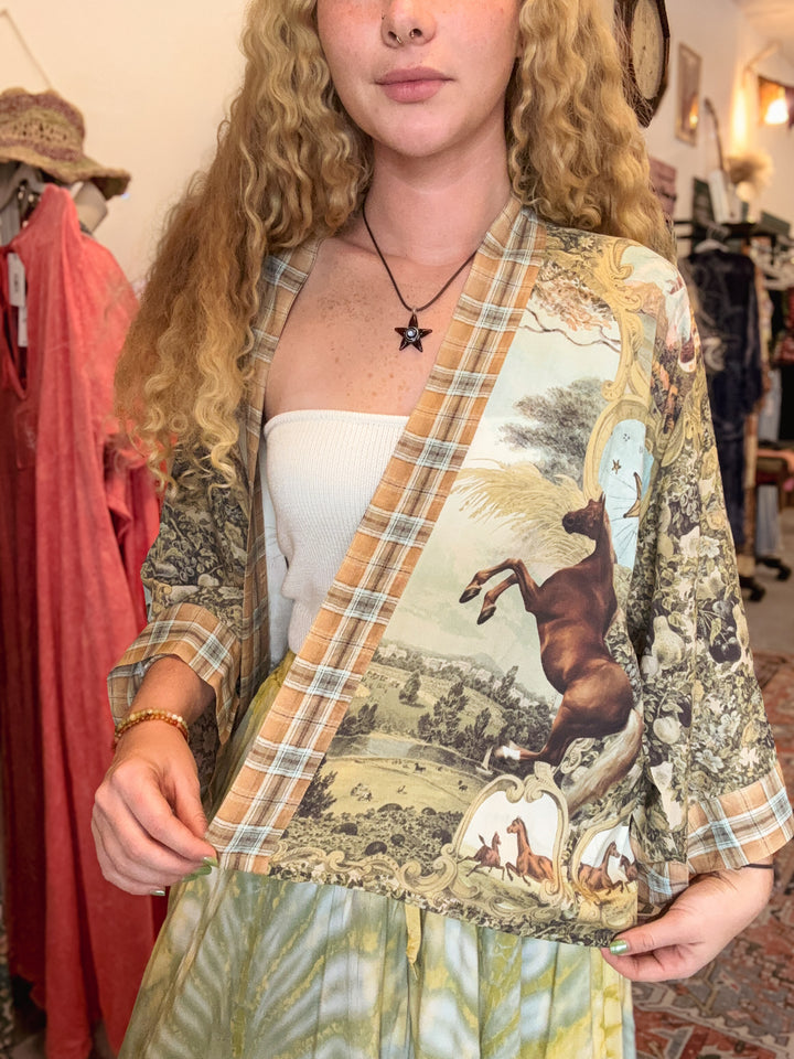 Born to Run Pixie Duster Crop Kimono w/ Horse & Flower Print