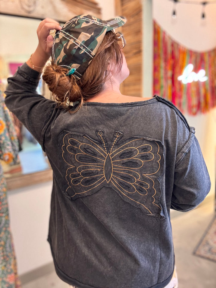Embroidered Butterfly Fleece Long Sleeve Top