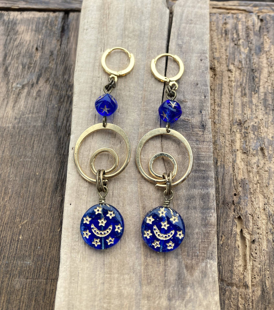 Cobalt Moon &amp; Star Glass Celestial Swirl Dangle Earrings