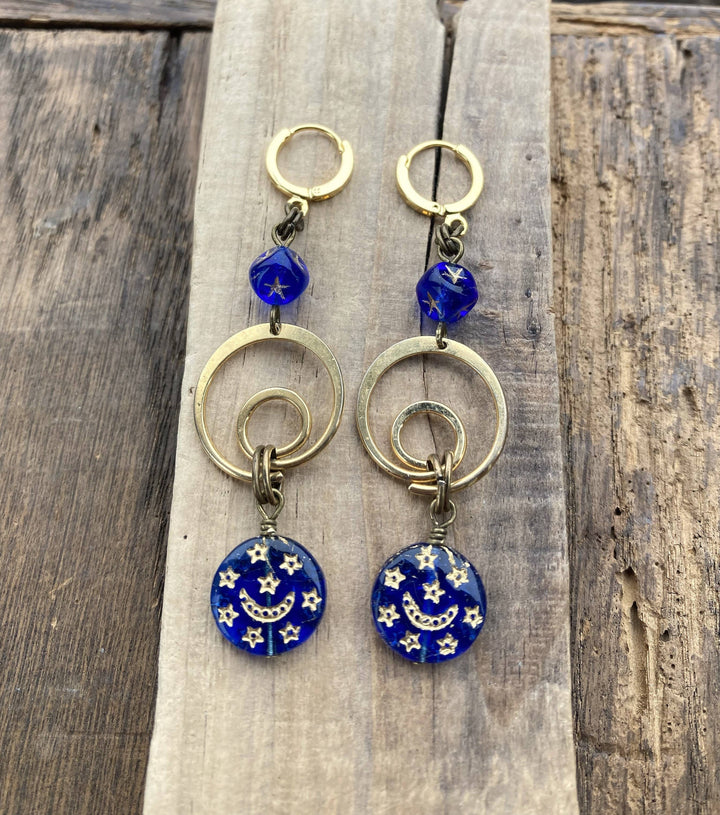 Cobalt Moon &amp; Star Glass Celestial Swirl Dangle Earrings