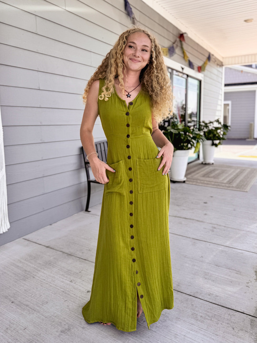 Organic Bamboo Cotton Button Down Dress *Final Sale Regular / Golden Cyprus/ Green Organic Bamboo Cotton Button Down Dress *Final Sale Regular / Golden Cyprus/ Green