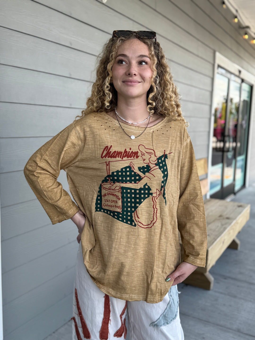 Champion Clothespin Retro Print Distressed Top
