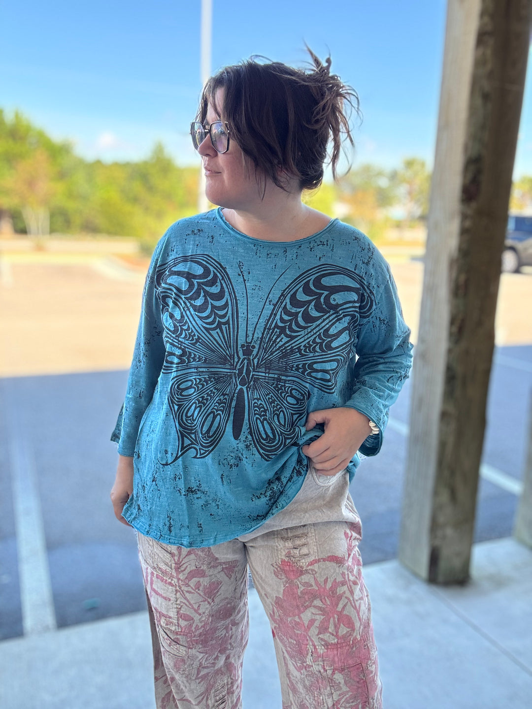 Teal Butterfly Print Distressed Top