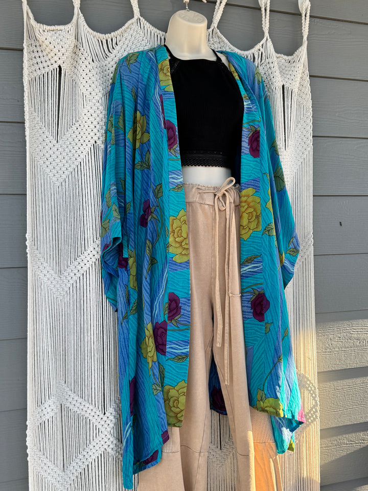 Yellow Rose on Blue - Solace Kimono OOAK