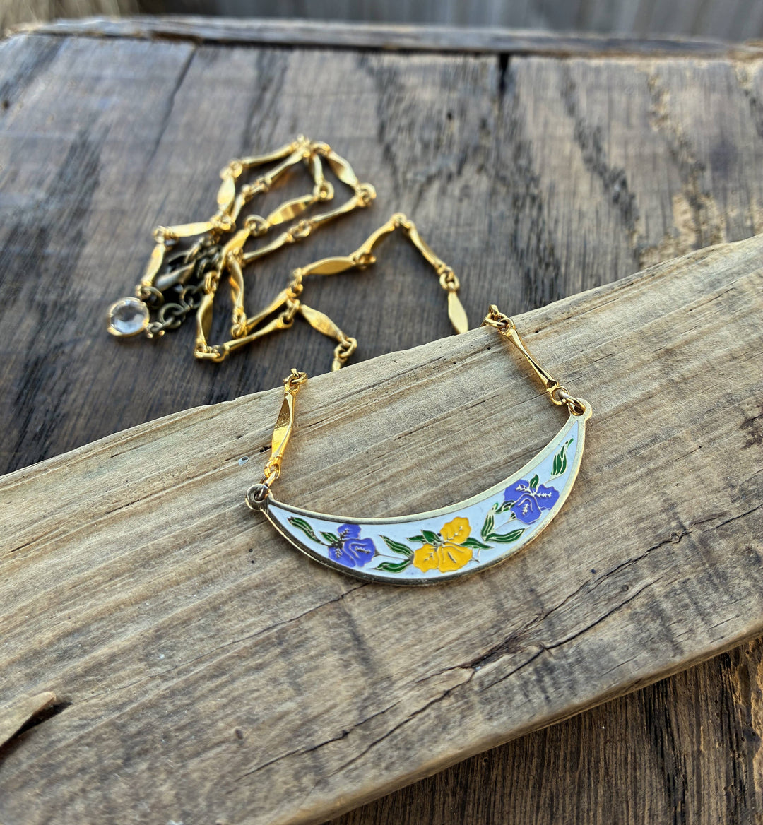Purple &amp; Yellow Vintage Floral Enamel Bib Style Necklace