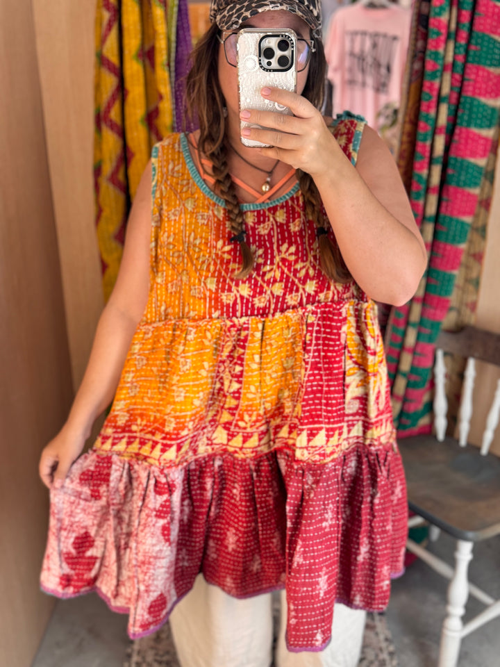 Daisy Teal - Kantha Meadow Mini Dress OOAK