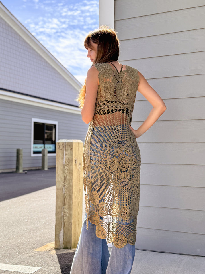 Boho Crochet Lace Trim Long Back Vest