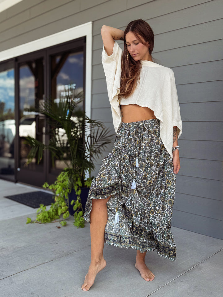 Silk Cinch Ruffle Floral Maxi Skirt