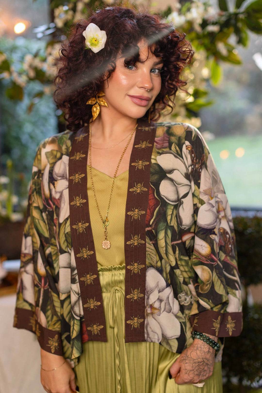 Fleur De Lune Pixie Duster Crop Kimono w/ Florals &amp; Bees