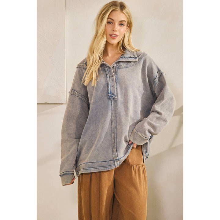 Washed Raw-edge Henley Pullover