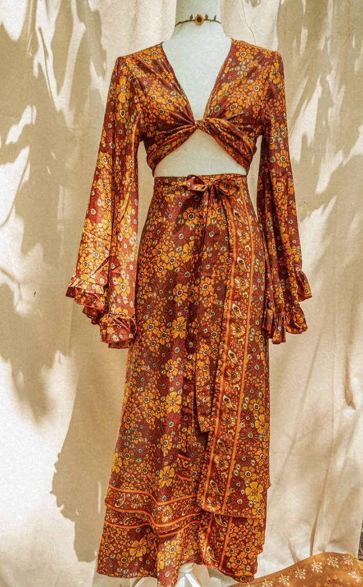 Hippie Boho Style 2 Layer Floral Silk Wrap Skirt