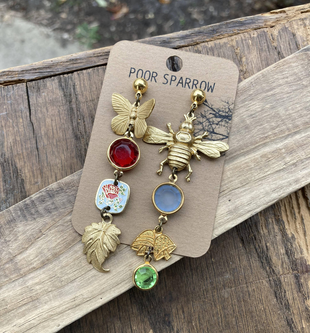 Nature Study Brass &amp; Crystal Charm Earrings