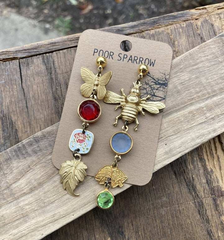 Nature Study Brass &amp; Crystal Charm Earrings