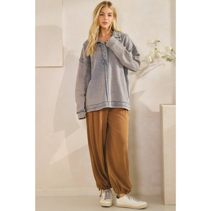 Washed Raw-edge Henley Pullover