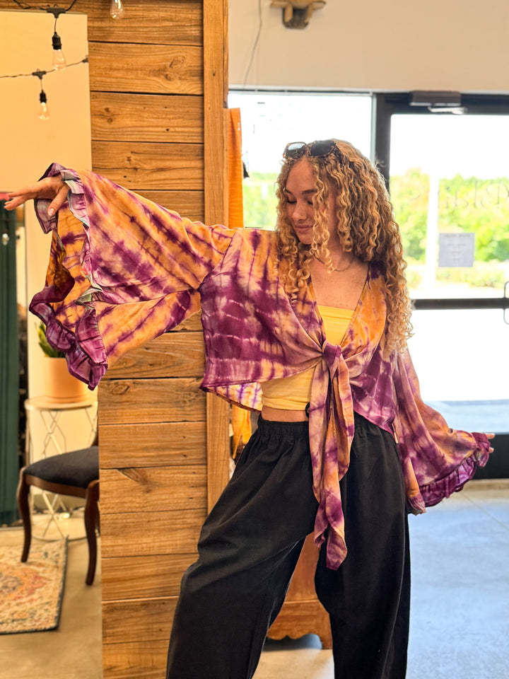 Purple and Yellow Tie Dye - Crepe Sari Zeppelin Crop Shrug OOAK