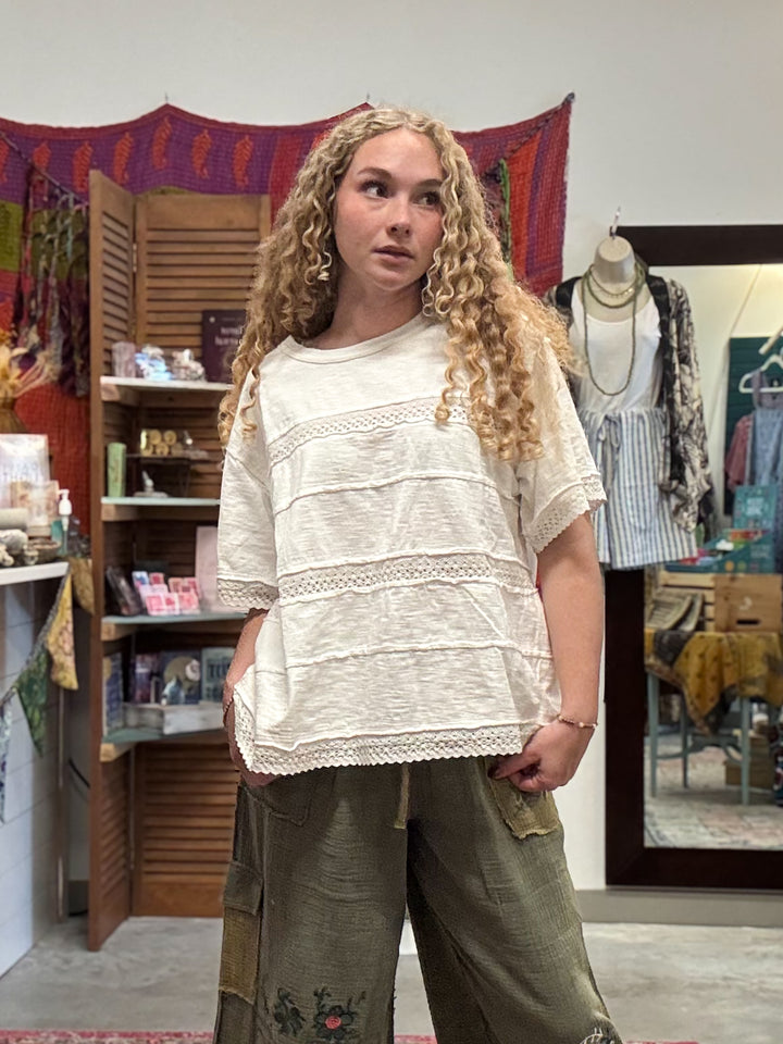 Loose Fit Short Sleeve Lace-Trim Shirt