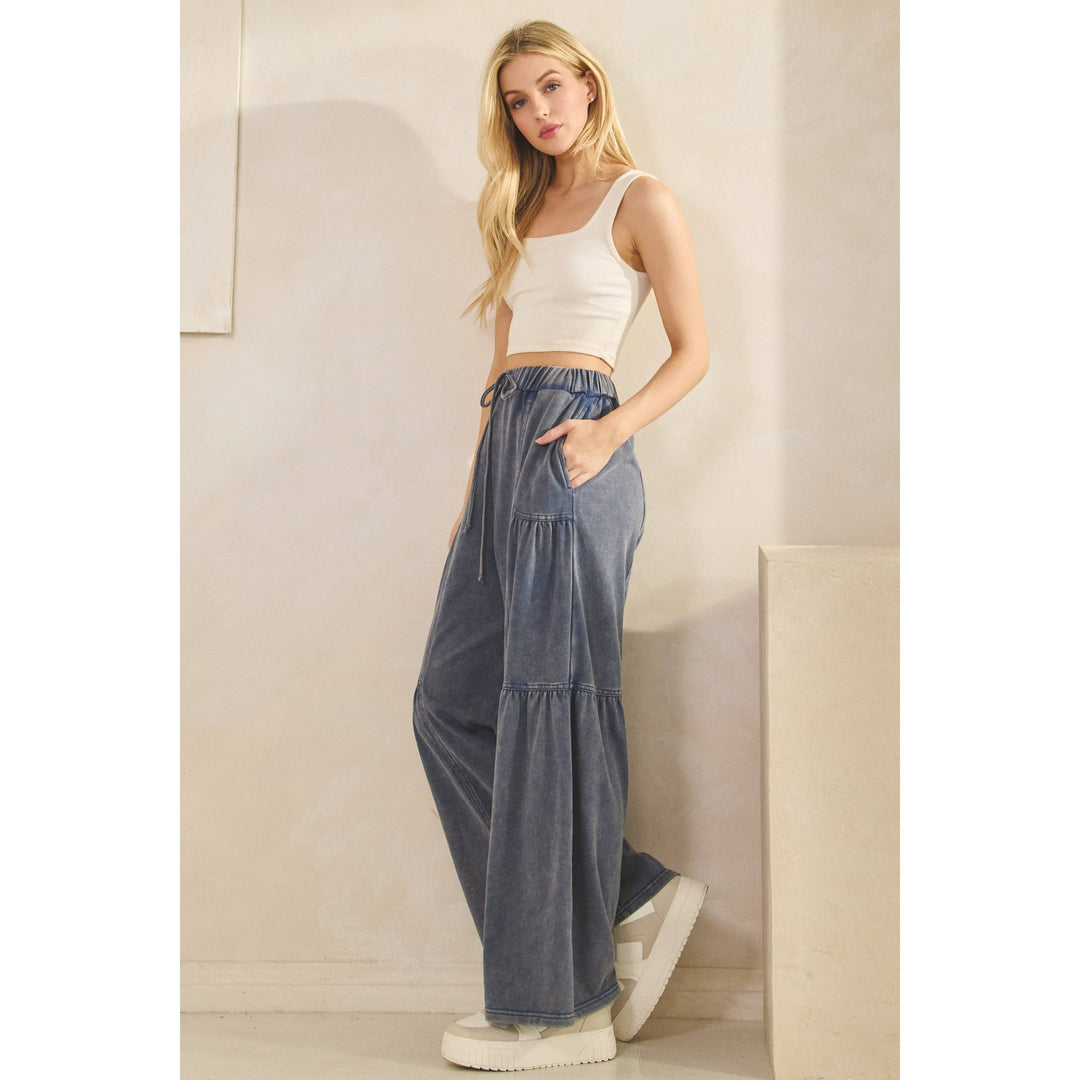 Washed Tiered Wide-Leg Drawstring Pants