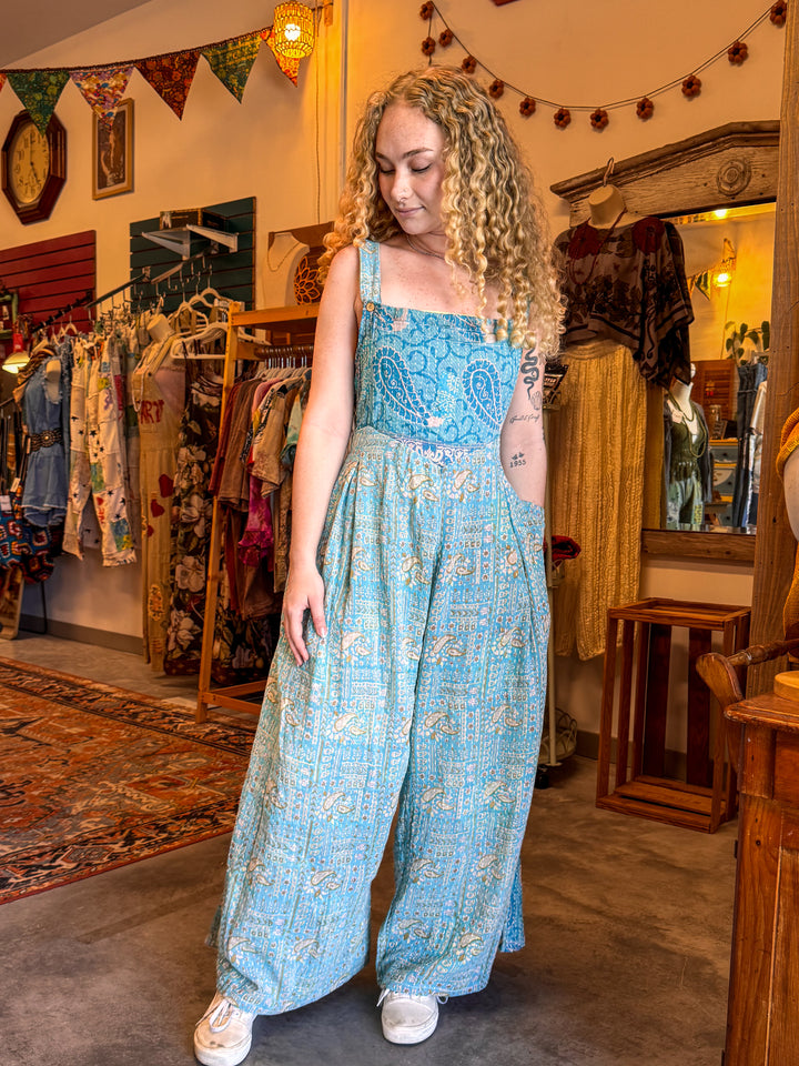 Blue Daze - Pareo Kantha Crossroad Overalls OOAK